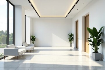 Modern minimalist lobby, white walls, clean lines , furniture, light, elegant