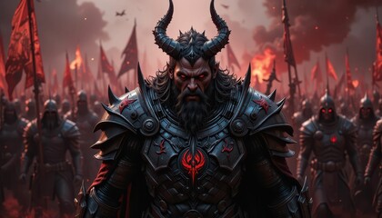 Fototapeta premium Dark Warrior in Armor with Horns Leading Armored Soldiers Forward