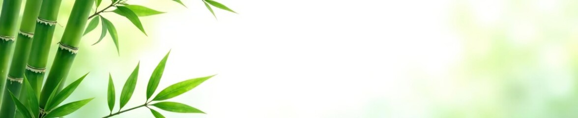 Obraz premium Vibrant green bamboo leaves & shoots border a pristine white space , minimal, bright