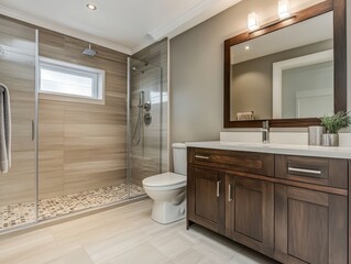 Modern Bathroom Design Featuring Stylish Shower and Elegant Vanity with Clean Lines and Natural Elements Enhancing Home Interior Style and Comfort