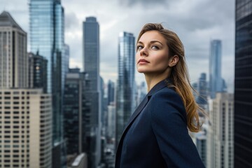 Fototapeta premium Confident businesswoman looking towards a city skyline, symbolizing ambition and success.