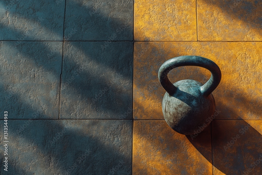 Poster kettlebell workout focus on a gym floor with soft light and balanced composition for fitness enthusi