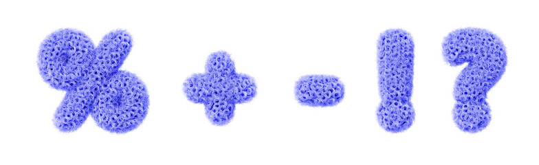 3d fur font, blue fluffy symbol set. Fashion furry percent sign, question mark, exclamation, plus, minus, animal hairy texture. Fuzzy curly wavy text for discount, fun education kids. 3D illustration