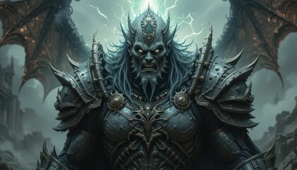 Powerful Fantasy Warrior with Dark Armor and Fiery Dragon Wings