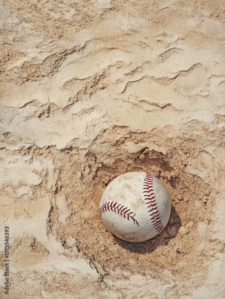 Poster baseball resting at golden ratio point amid textured sandy field ready for play generative ai