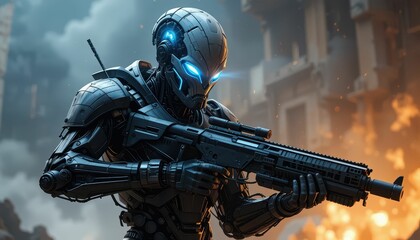 Naklejka premium Futuristic Robot Soldier with Blue Eyes and Advanced Weaponry