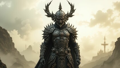 Fototapeta premium Dark Fantasy Warrior in Ornate Armor with Majestic Landscape