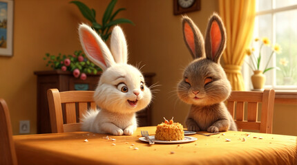 Two rabbits sitting at a table with a cake in front of them