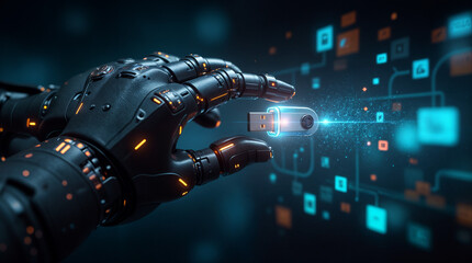 A robotic hand is holding a USB drive