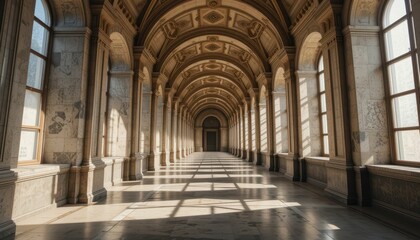 Obraz premium Serene architectural corridor with arches and sunlight streaming in