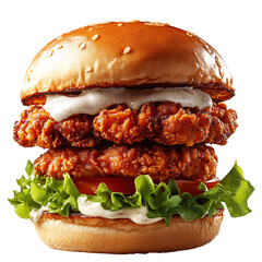 A Juicy Fried Chicken Burger with Lettuce Tomato and Sauce Isolated on Transparent Background