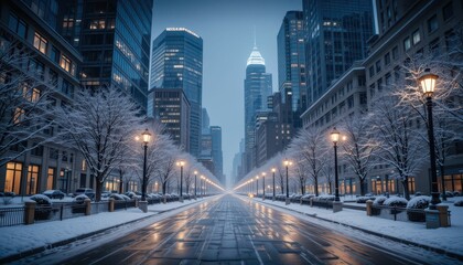 Obraz premium Serene Winter Cityscape with Snow-covered Streets and Tall Buildings