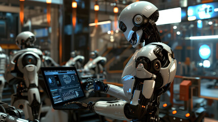 Fototapeta premium Group of AI android robots working in a factory, Robots working together. AI robot working on laptop