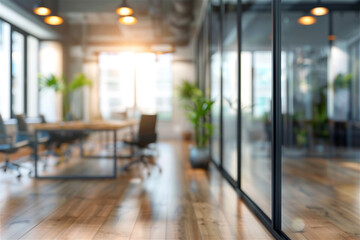 Sunlight illuminates a blurred modern office interior showcasing a wooden floor, glass walls, and a conference table, creating a bright and spacious atmosphere