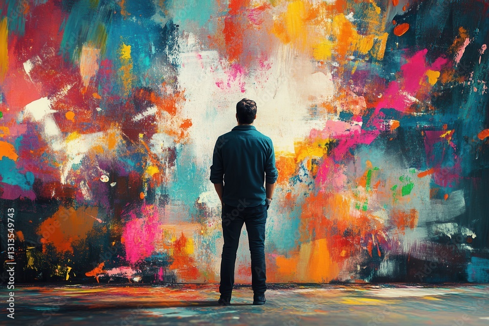 Poster artist reflects on vibrant canvas filled with colorful paint splashes and creative energy in a dynam