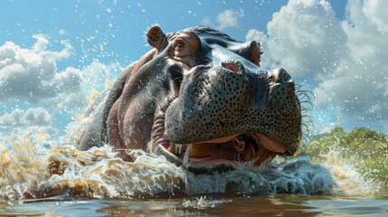 Fototapeta premium Fierce Hippopotamus Emerging from Water with Splashing Droplets and Dramatic Sky in Background