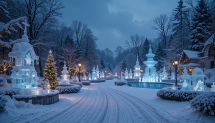 Winter Wonderland Pathway with Ice Sculptures and Snowy Landscape
