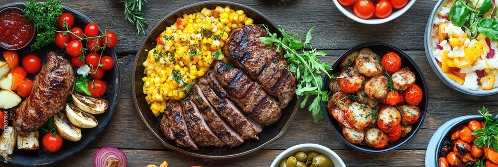 Poster delicious assortment of grilled meats and vibrant side dishes arranged on a rustic wooden table gene