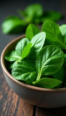 Fresh raw spinach leaves arranged in a simple ceramic bowl, nutrition, farm-to-table