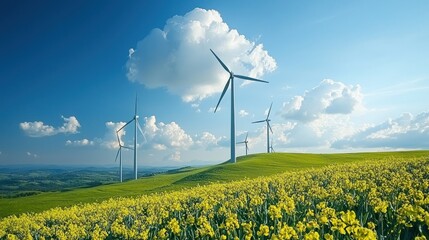 Wind Turbines on Hillside Rapeseed Field, Sunny Day