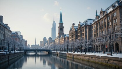 Fototapeta premium Serene Winter Landscape Along a Historic City River with Towers