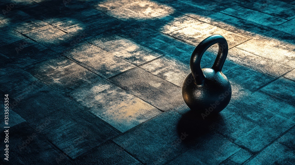 Poster Kettlebell positioned at the golden ratio point on textured gym floor with soft light contrast Generative AI