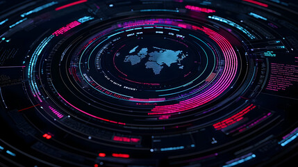 Obraz premium Futuristic Digital World Map with Colorful Data Visualization Elements