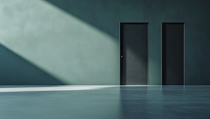 Empty Teal Room with Dark Doors and Sunlight