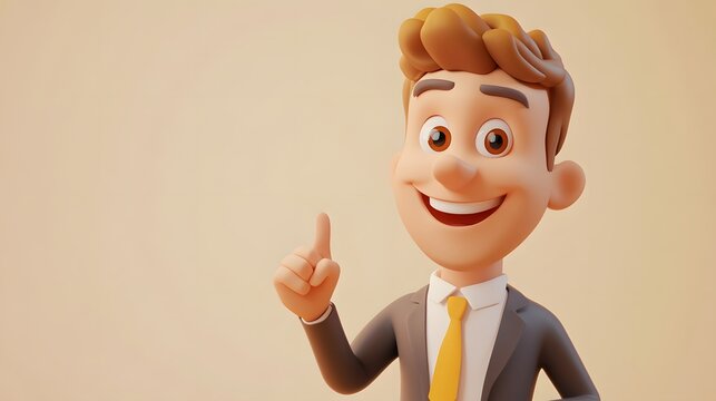 Happy smiling cartoon character office businessman pointing finger in 3D style on a light background. Human emotions concept