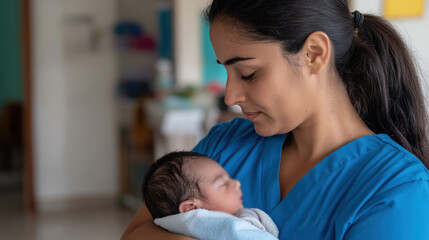 Pakistani nurse doctor woman carrying a newborn baby at pediatric home care healthcare