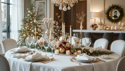 Elegant Holiday Table Setting with Festive Decor and Warm Atmosphere