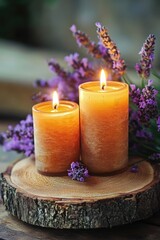Two candles, lavender, wooden slice