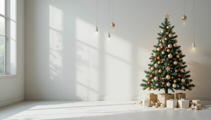 Elegant Christmas Tree with Ornaments and Presents in Bright Room