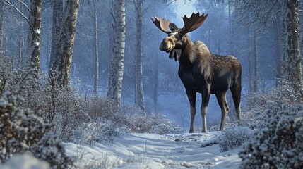 A majestic moose strolling through a snowy forest.