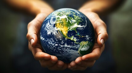 Fototapeta premium A pair of hands cradles a globe, symbolizing care for the planet and global interconnectedness.