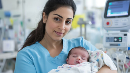 Arabian nurse doctor woman carrying a newborn baby at pediatric home care healthcare