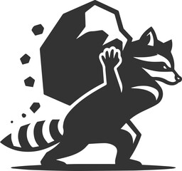 silhouette of a raccoon pushing a large rock out of frustration animal vector