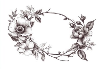 Fototapeta premium Flower wreath design, black and white illustration with botanicals and watercolor effect