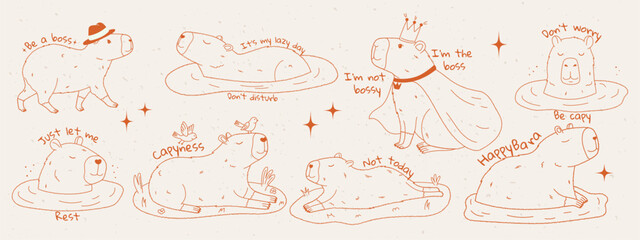 Cute capybara set with text. Set of rodent characters swimming in pond, relaxing and walking. Rough crayon strokes. Hand drawn vector illustration.