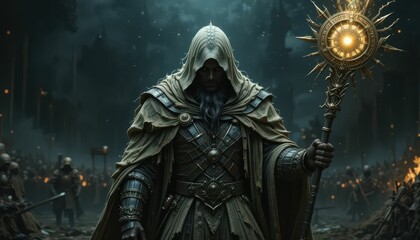 Mysterious Mage with Staff in Dark Fantasy Landscape