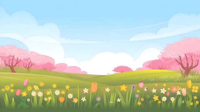 A peaceful spring landscape with rolling hills and a blue sky with white clouds. A picture of colorful wildflowers such as tulips, daisies, and daffodils in the meadow.