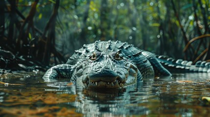 Fototapeta premium Crocodile Approaching Magnetically in the Murky Waters of a Dense Mangrove Forest Environment