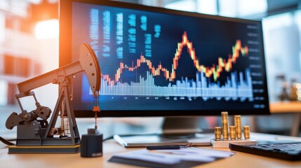 Oil market analysis with a model pump jack and financial graphs in a modern office setting