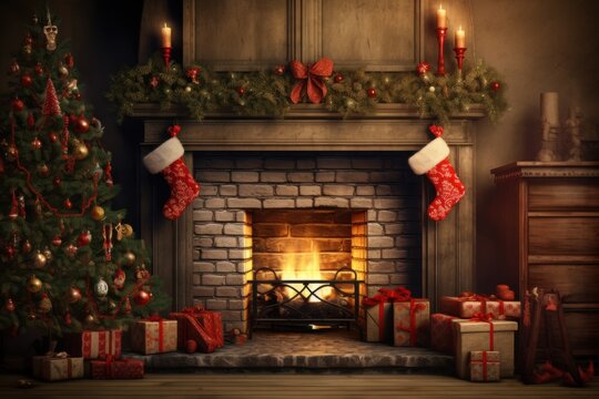 Christmas tree and holiday decoration at home around fireplace - Powered by Adobe
