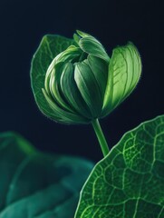 Fototapeta premium A single flower bud is captured in close-up with water droplets on its surface, highlighting the texture and intricate details.