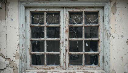 Old Abandoned Window with Broken Glass and Peeling Paint Texture
