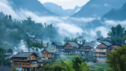 Fototapeta premium Misty Mountain Village Serene Asian Houses in Fog