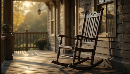 Serenity of a Wooden Rocking Chair on a Cozy Porch at Sunset