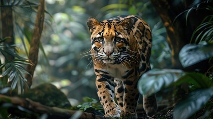 Obraz premium Majestic Tiger Walking Through Lush Jungle with Vibrant Greenery and Soft Natural Light