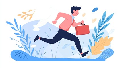 A man in business attire runs with a briefcase, surrounded by stylized plants and abstract shapes, conveying a sense of urgency and movement.